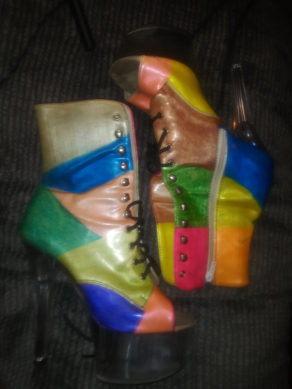 Pleaser Multicolor Patchwork Platform Ankle Boots